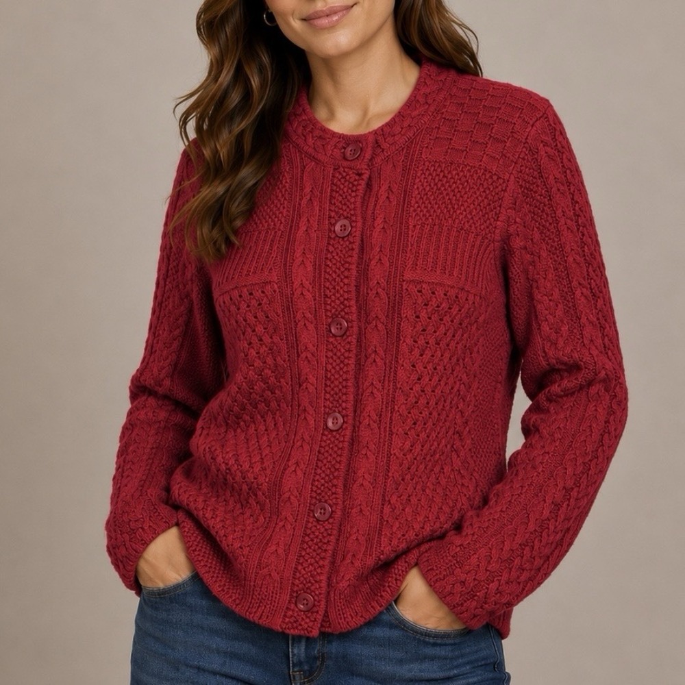 LL Bean Red Stitchworks Button Front Cotton Cardigan Sweater LARGE PETITE